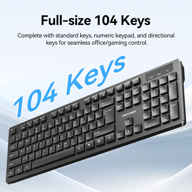 Vention Wireless Full-Sized Keyboard and Mouse Combo with Mouse Pad features full-size 104 keys for seamless control.