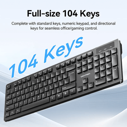 Vention Wireless Full-Sized Keyboard and Mouse Combo with Mouse Pad features full-size 104 keys for seamless control.