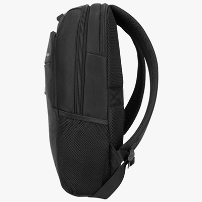 Side view of the Targus 15.6" Intellect Advanced Backpack showcasing its sleek design and compartments.