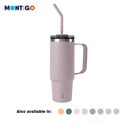Montigo Solo Travel Mug 890ml in pink with straw, ergonomic design for comfortable sipping, ideal for travel.