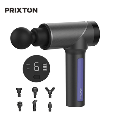 Prixton MGF100 Massage Gun with six interchangeable heads and display for fitness and recovery.