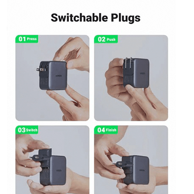 UGREEN 65W Nexode GaN USB C 3-Port Charger With US/UK/EU Plug for Travel