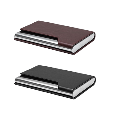 PU Metal Name Card Holder in black and brown colors, perfect for corporate gift and professional use.