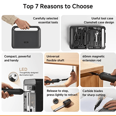 Xiaomi Mijia Tool Kit featuring essential tools, compact design, LED light, and useful clamshell case.