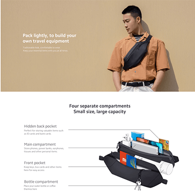 Xiaomi Sports Fanny Pack showcasing its compartments and stylish design for active individuals.
