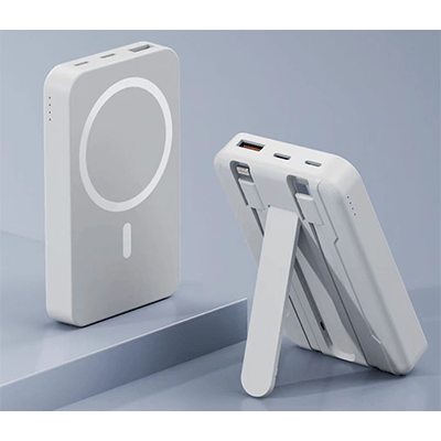 White magnetic powerbank shown front and rear with built-in cables and an extended stand