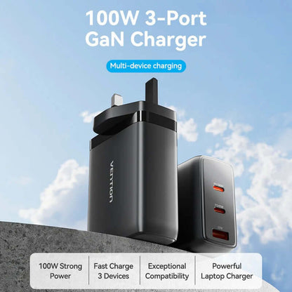 Vention 3-Port USB (C+C+A) GaN Charger (100W/65W/30W) UK-Plug by Corporate Gift Store Singapore