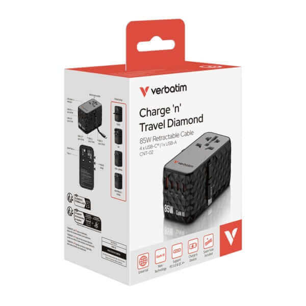 Verbatim Charge ‘n’ Travel Diamond 85W Universal Travel Adapter with Retractable Cable (CNT-02) by Corporate Gift Store Singapore