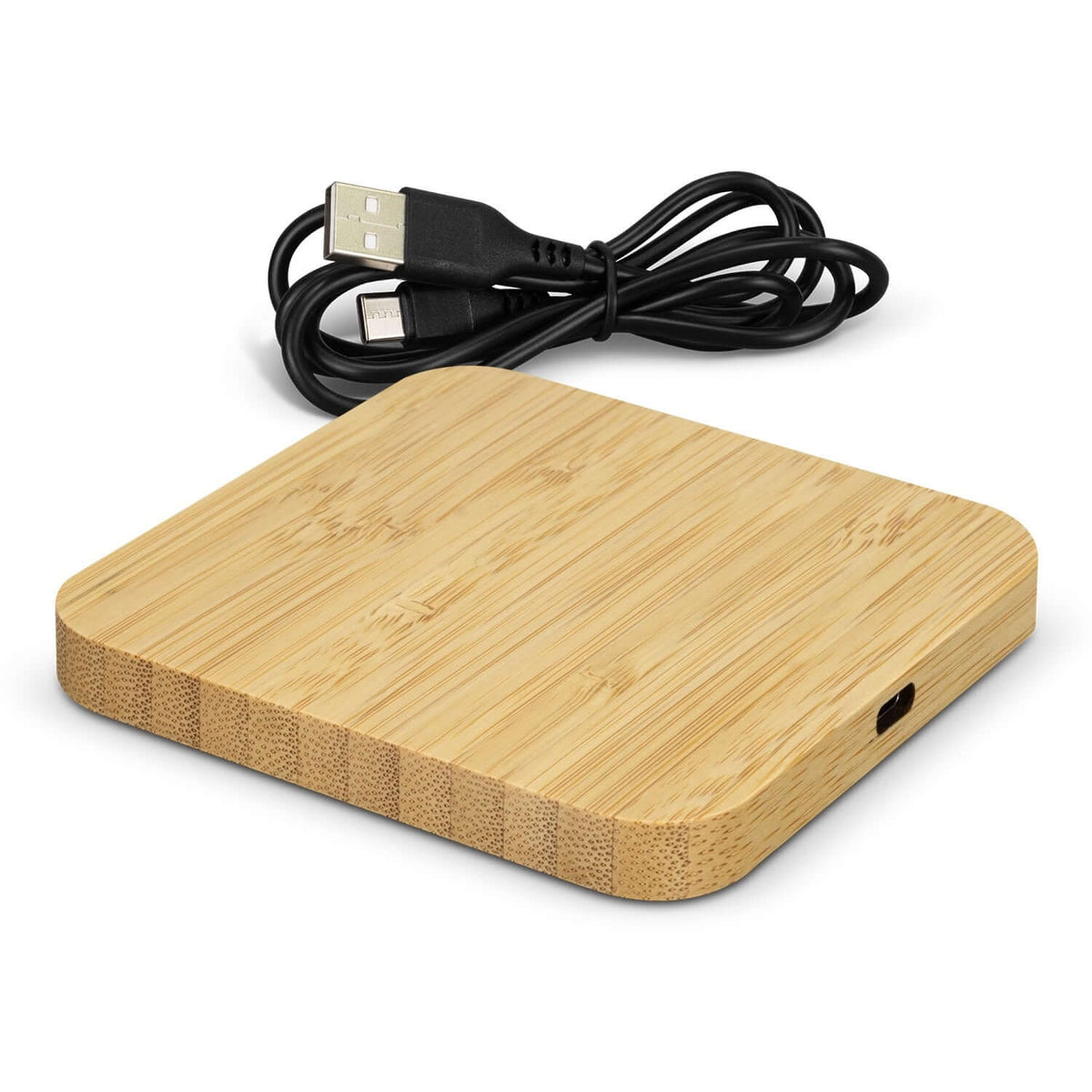 NATURA square bamboo-cased wireless charging hub with rounded corners, edge input port and black USB cable