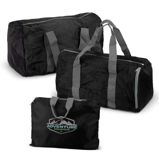 Origami Foldable Duffle Bag in black, showcasing compact and versatile design for travel.