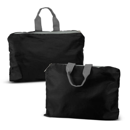 Origami Foldable Duffle Bag shown in black, portable and stylish for travel use, ideal as a corporate gift Singapore.