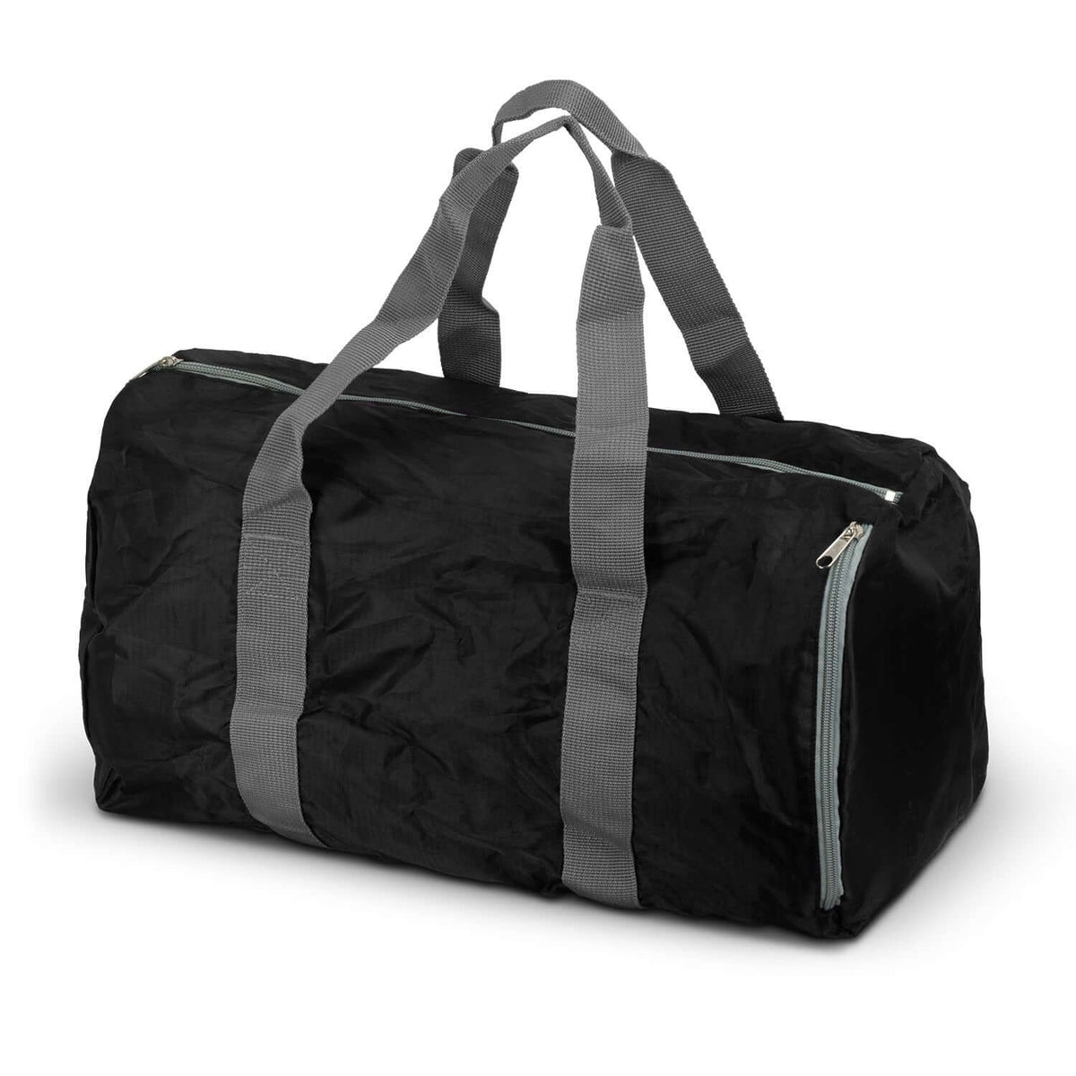 Origami Foldable Duffle Bag in black with gray straps, ideal for travel and corporate gift Singapore.