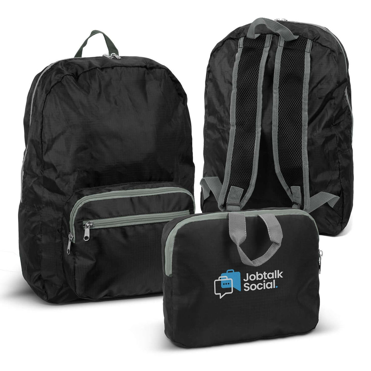 Origami Foldable Backpack displayed in three angles, featuring logo and zippered compartments, ideal as Corporate Gift Singapore.