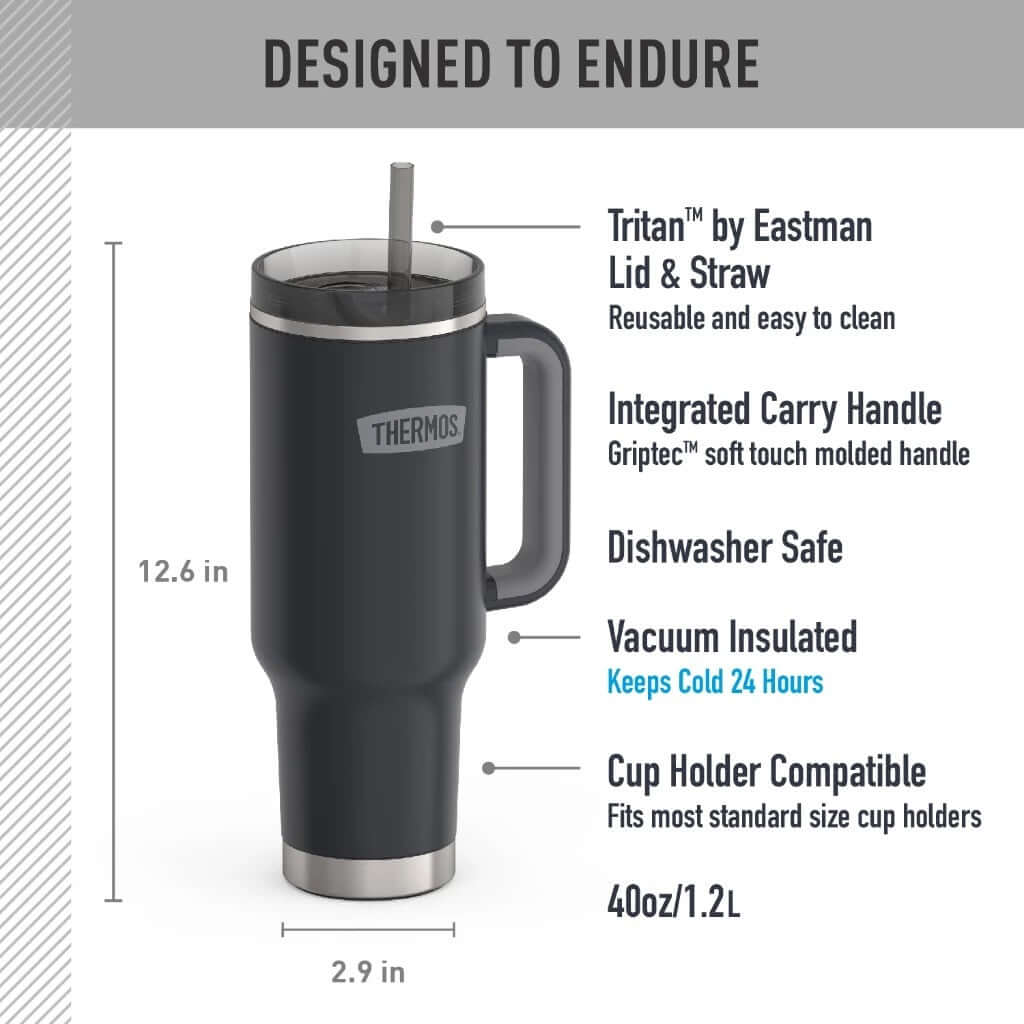 Thermos TS180S 1.2L Stainless Steel Cup Holder Mug features Tritan lid, vacuum insulation, and dishwasher safe design.