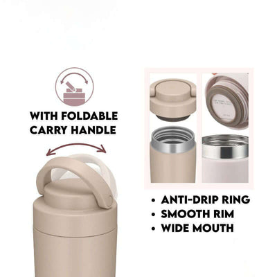 Thermos JOV-420 Dishwasher-safe Bottle with Carry Handle 420ml features foldable carry handle, anti-drip ring, smooth rim, and wide mouth.