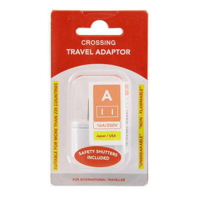 Crossing Travel Adaptor Plug - A (Japan / USA) packaging with safety shutters and specs.