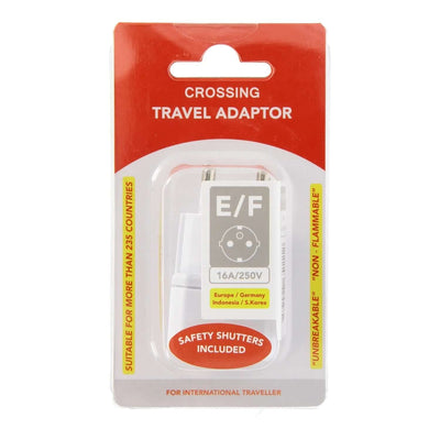 Crossing Travel Adaptor Plug - E/F packaging showing compatibility for over 235 countries, suitable for travelers.