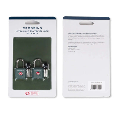 Crossing Ultra-Light TSA Travel Lock With Keys (Twin Pack) in packaging with specifications and travel safety tips.