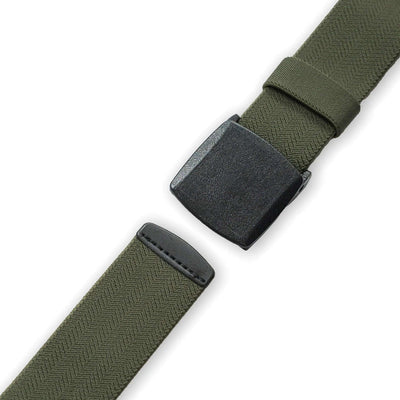 Crossing Travel Belt With Clip Buckle in olive green color, featuring a durable metal-free buckle for hassle-free travel.