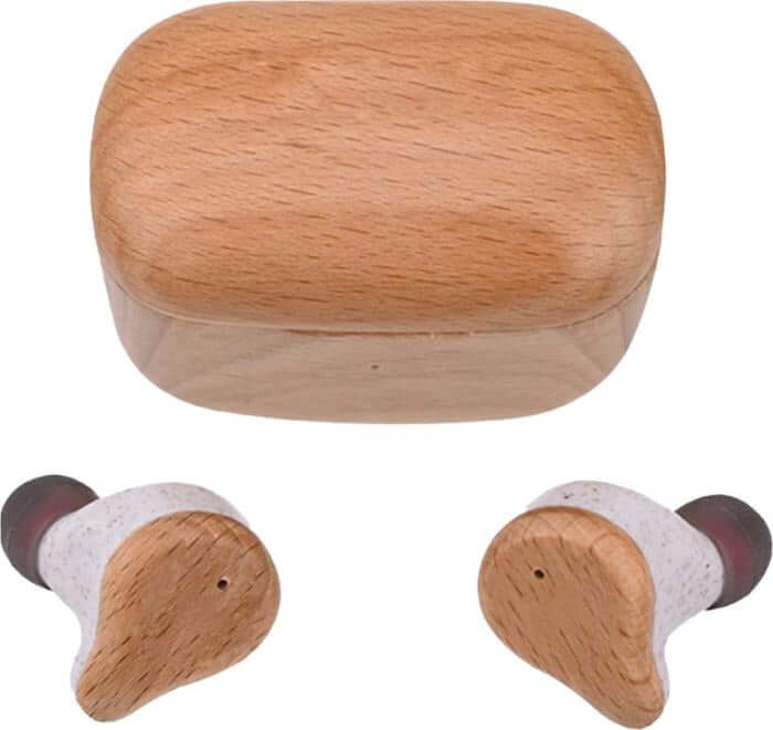 Prixton TWS163 earbuds with wood finish design and charging case, ideal as a corporate gift.