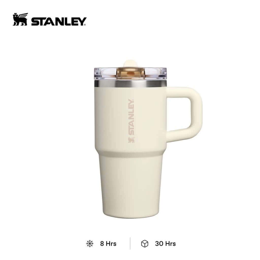 Off-white Stanley Quencher ProTour tumbler with side handle, tapered base and closed flip-straw lid
