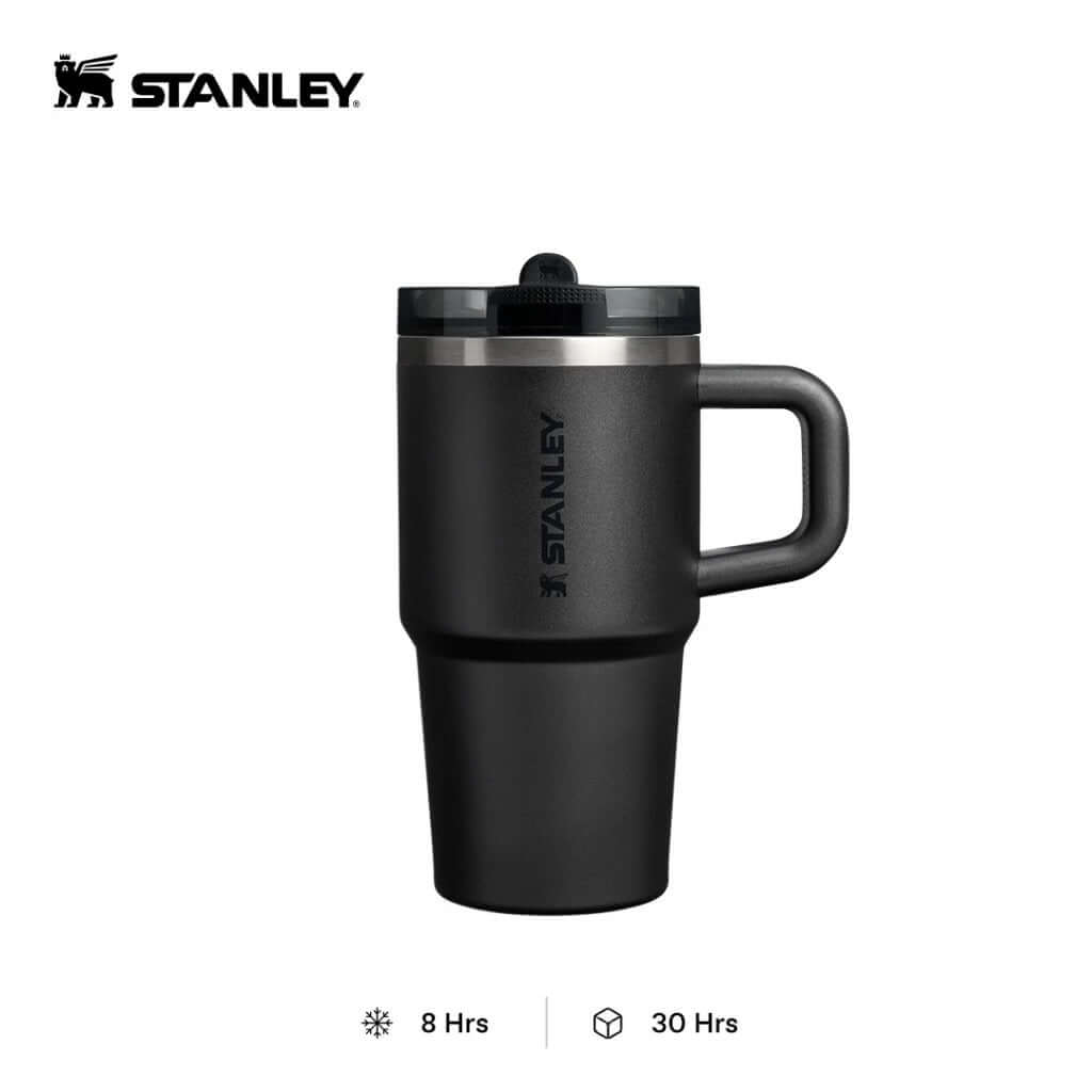 Black Stanley Quencher ProTour tumbler with side handle, tapered base and closed flip-straw lid