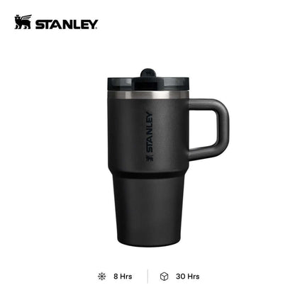 Black Stanley Quencher ProTour tumbler with side handle, tapered base and closed flip-straw lid