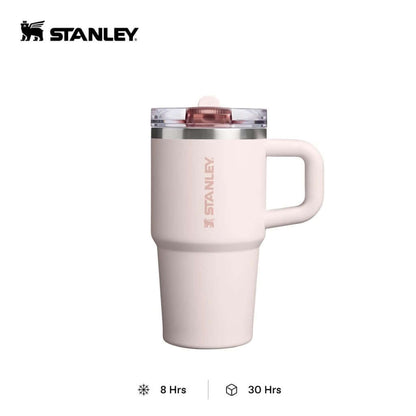 Pink Stanley Quencher ProTour tumbler with side handle, tapered base and closed flip-straw lid