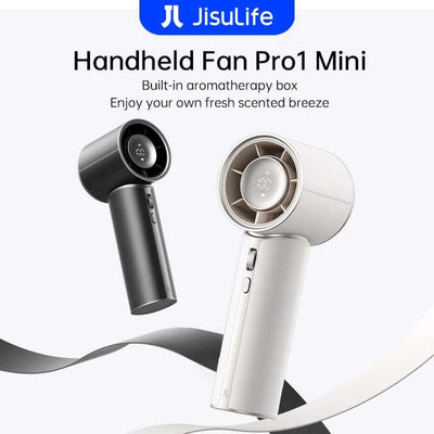 JisuLife Handheld Fan Pro 1 Mini featuring two color options and built-in aromatherapy box for a fresh breeze.