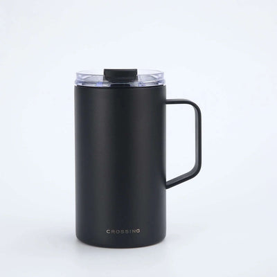 Crossing Neo Insulated SS Ceramic Mug W Handle And Lid 500ml in sleek black design with clear lid.