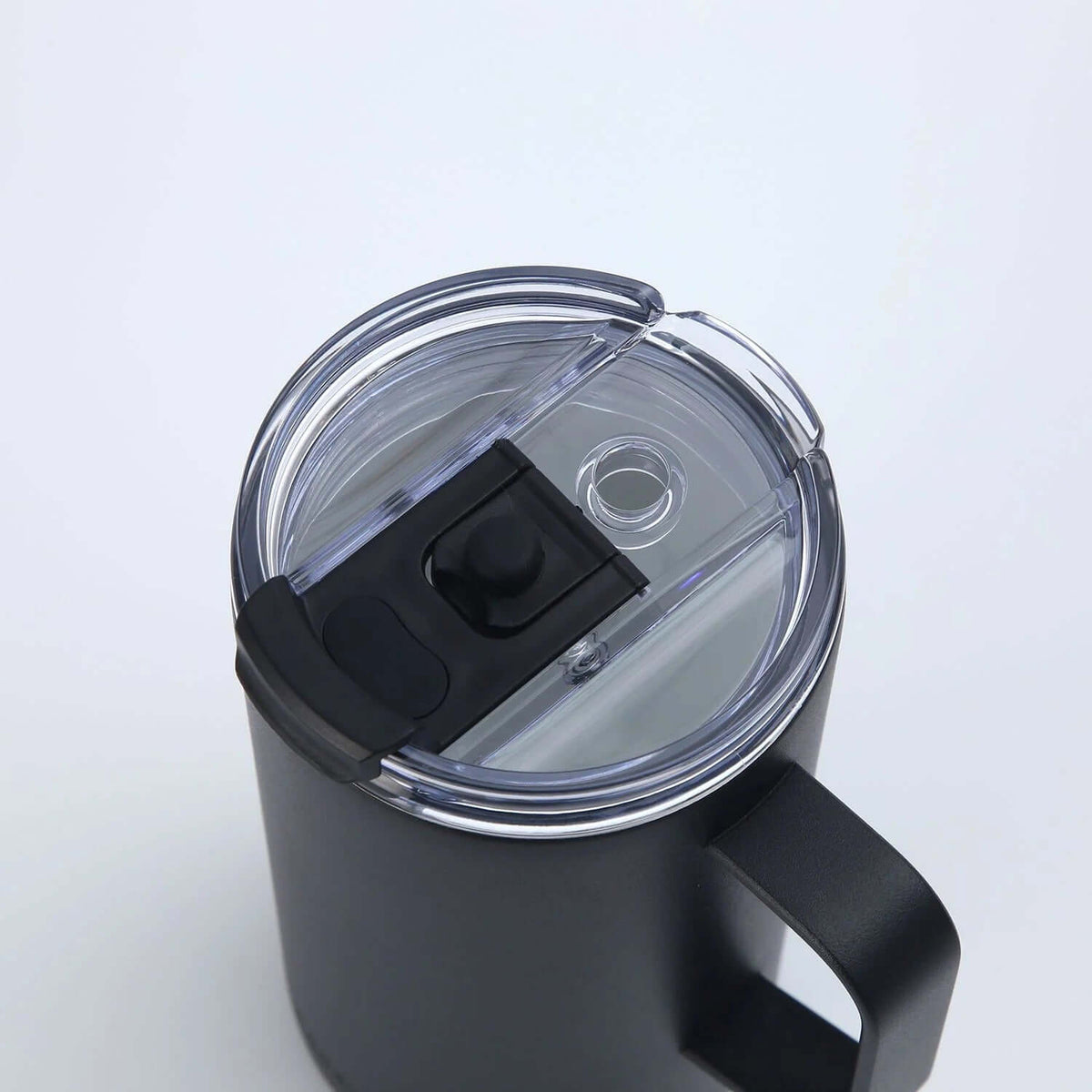 Top view of the Crossing Neo Insulated SS Ceramic Mug W Handle And Lid 500ml with lid open, showcasing its design.