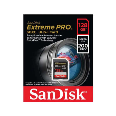 SanDisk Extreme PRO SDXC QuickFlow UHS-I 128GB packaging showcasing high-speed memory card and features.