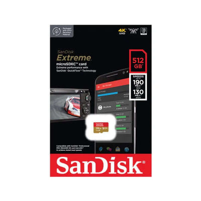 SanDisk Extreme microSDXC QuickFlow UHS-I 512GB packaging showcasing performance specs for high-speed storage