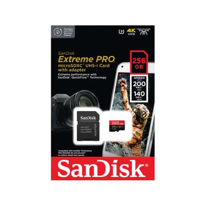 SanDisk Extreme PRO microSDXC QuickFlow UHS-I 256GB packaging with speeds up to 200 MB/s for high-performance storage.