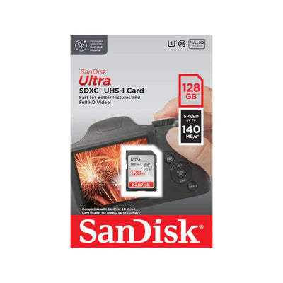 SanDisk Ultra SDXC 128GB UHS-I Card [SDSDUNB-128G-GN6IN] package showcasing storage and speed features.