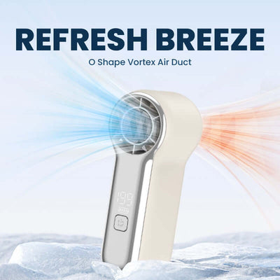 Typhoon Wind Mini Fan with 199 Speed showcasing O Shape Vortex Air Duct for refreshing breeze in beige and chrome.