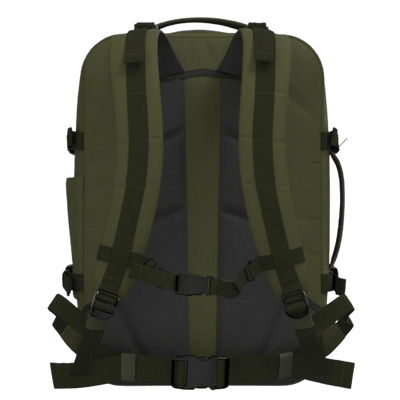 Cabinzero Military Cabin Bag With Luggage Trackers 44L featuring a sturdy back design and adjustable straps.