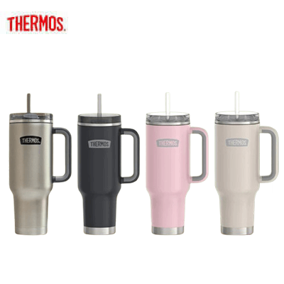 Thermos TS180S 1.2L Stainless Steel Cup Holder Mug in four colors: stainless steel, black, pink, and beige.