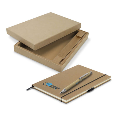 Kraft Notebook and Pen Gift Set in packaging with a kraft notebook and ballpoint pen on display.