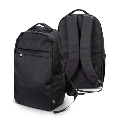 Oceana Recycled Backpack in black, featuring durable design and practical storage, ideal as a corporate gift.