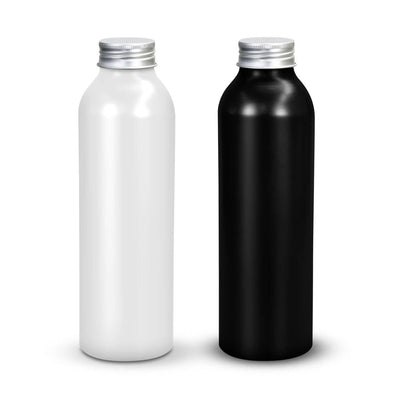 Octiva Aluminium Bottle in white and black colors, 630ml recycled aluminium drink bottle, ideal corporate gift Singapore.