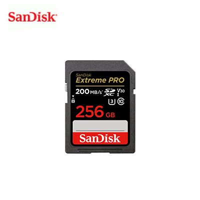 SanDisk Extreme PRO SDXC QuickFlow UHS-I 256GB memory card with high read speeds and UHS Speed Class 3.