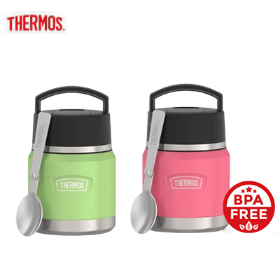 Thermos ICON IS3102 Kids Food Jar with Foldable Spoon in green and pink, BPA free and perfect for kids.