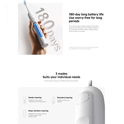 Xiaomi Oscillation Electric Toothbrush showcasing 180-day battery life and three cleaning modes.