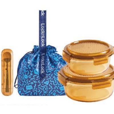 LocknLock Rhine Dynamic Amber Round Glass Lunch Box 4 pcs Set by Corporate Gift Store Singapore