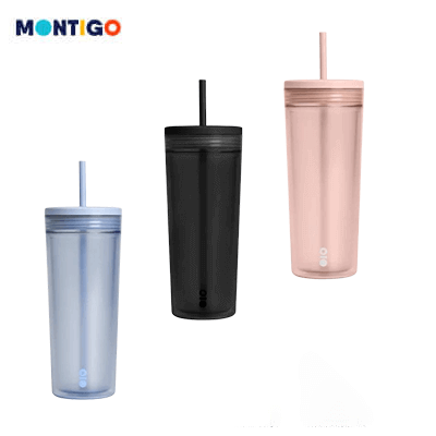 Montigo Go Cup 600ml in three colors: clear blue, black, and pink, ideal for hydration on the go from Corporate Gift Store.