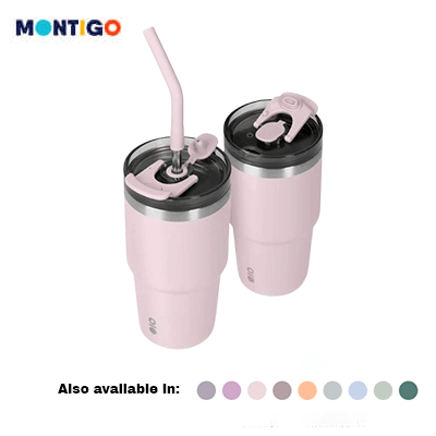 Montigo Solo Tumbler 590ml in pink, featuring dual-function lid with straw, ideal for commuting and corporate gifts.