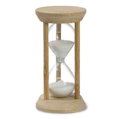 Tempus Bamboo Hourglass with white sand, 2-minute timer in a minimalist bamboo design, perfect corporate gift.