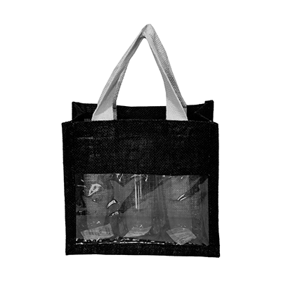Laminated Jute Bag With Window featuring a transparent front and sturdy handles for eco-friendly shopping.