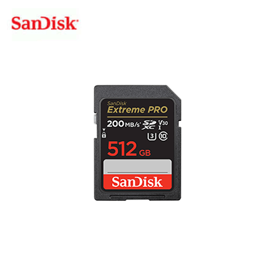 SanDisk Extreme PRO SDXC QuickFlow UHS-I 512GB memory card with 200MB/s read speed.